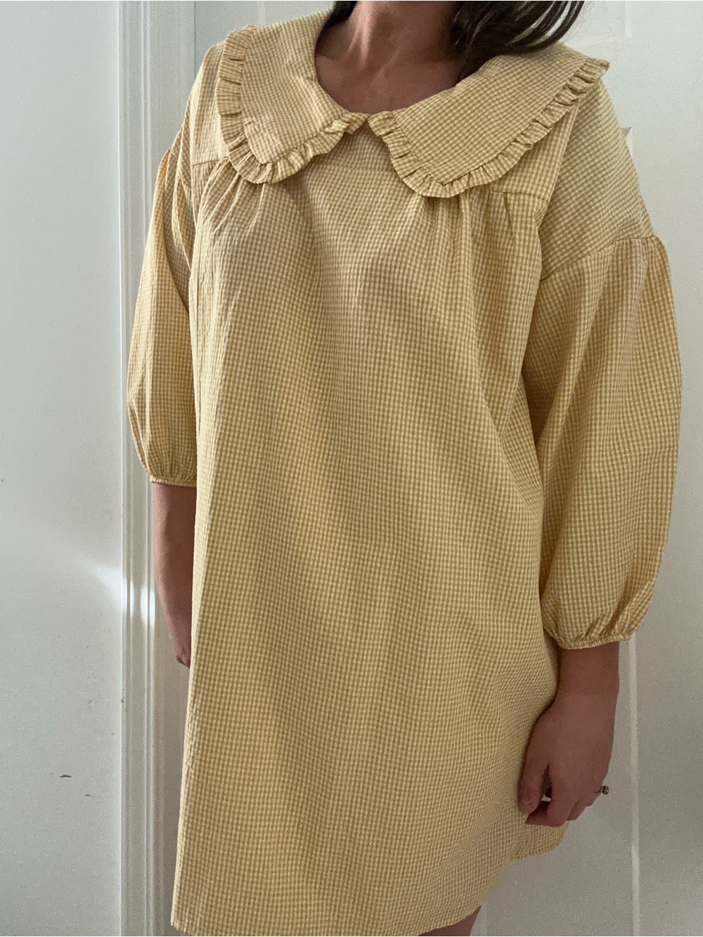 Womens Yellow Gingham Ruffle Collar Casual Dress